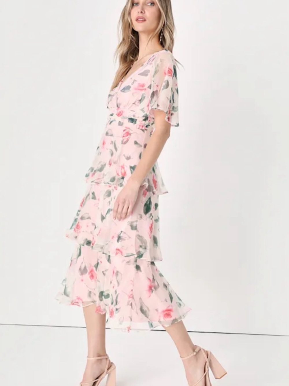 Lulu's Pink Floral Tiered V-Neck Maxi Dress - Picture 3 of 7